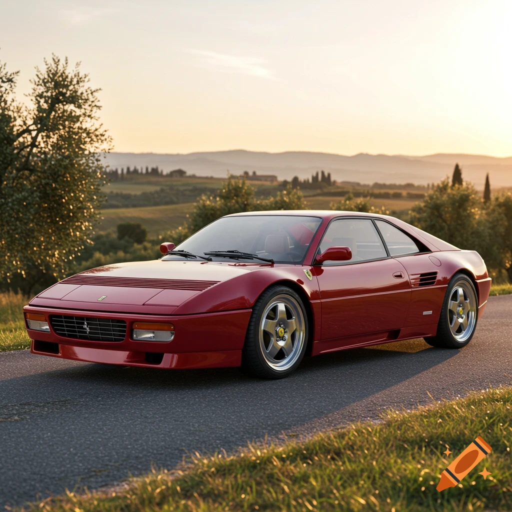 A red Ferrari car parked on a road in a scenic, hilly landscape at sunset.