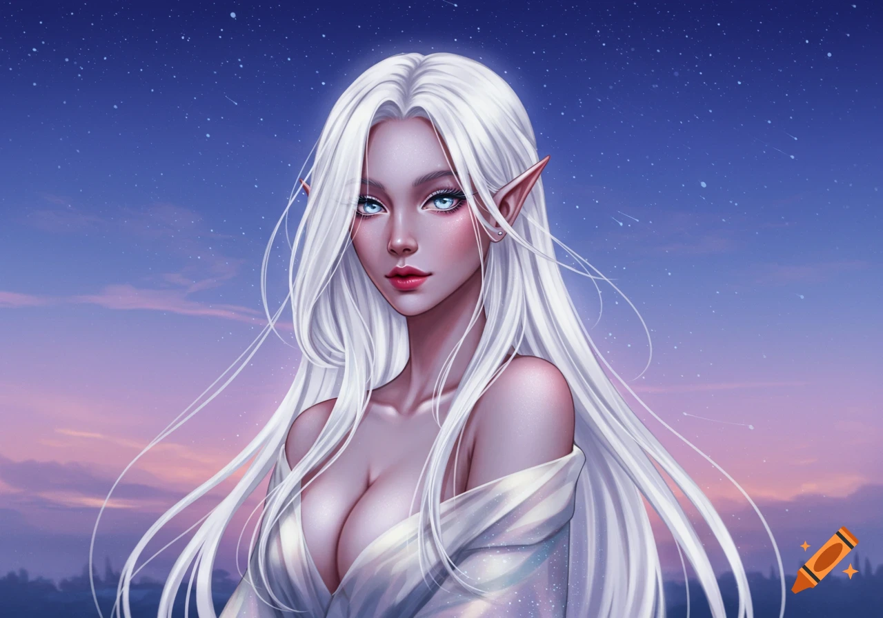 Anime fantasy portrait of an elf woman with long white hair, blue eyes, and pointy ears against a starry night sky.
