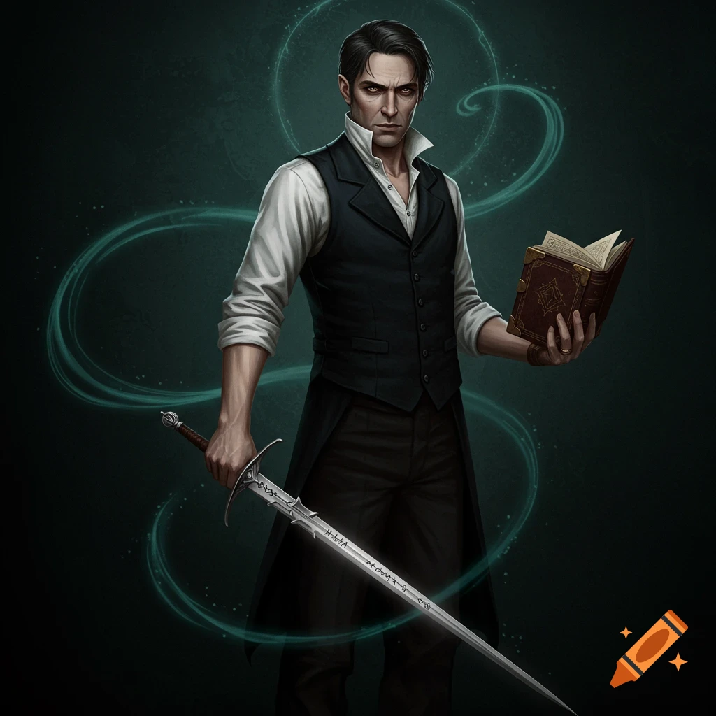 A serious man in a dark waistcoat holds a glowing runic sword and an ancient book, surrounded by a subtle aura, in a photorealistic portrait.
