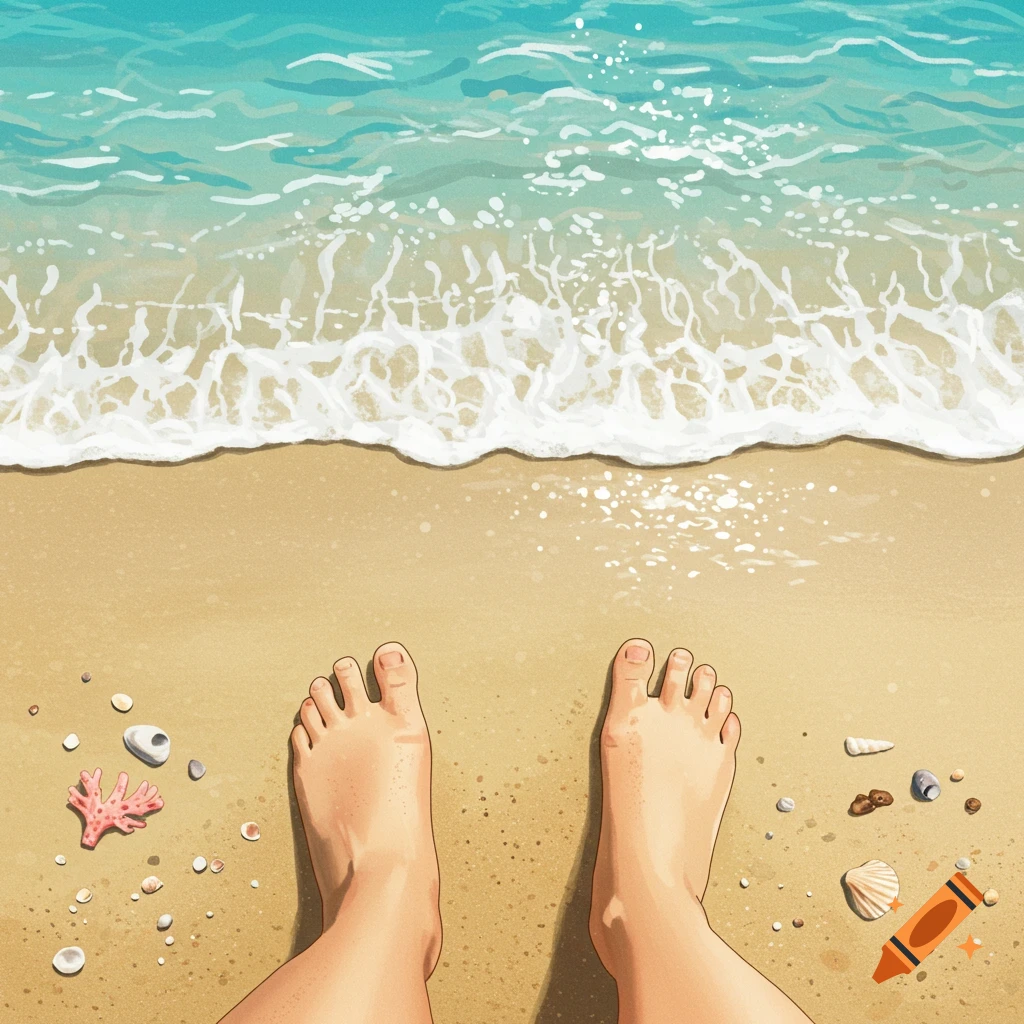 A first-person view of feet standing on a sandy beach with ocean waves breaking at the shore, scattered with seashells.
