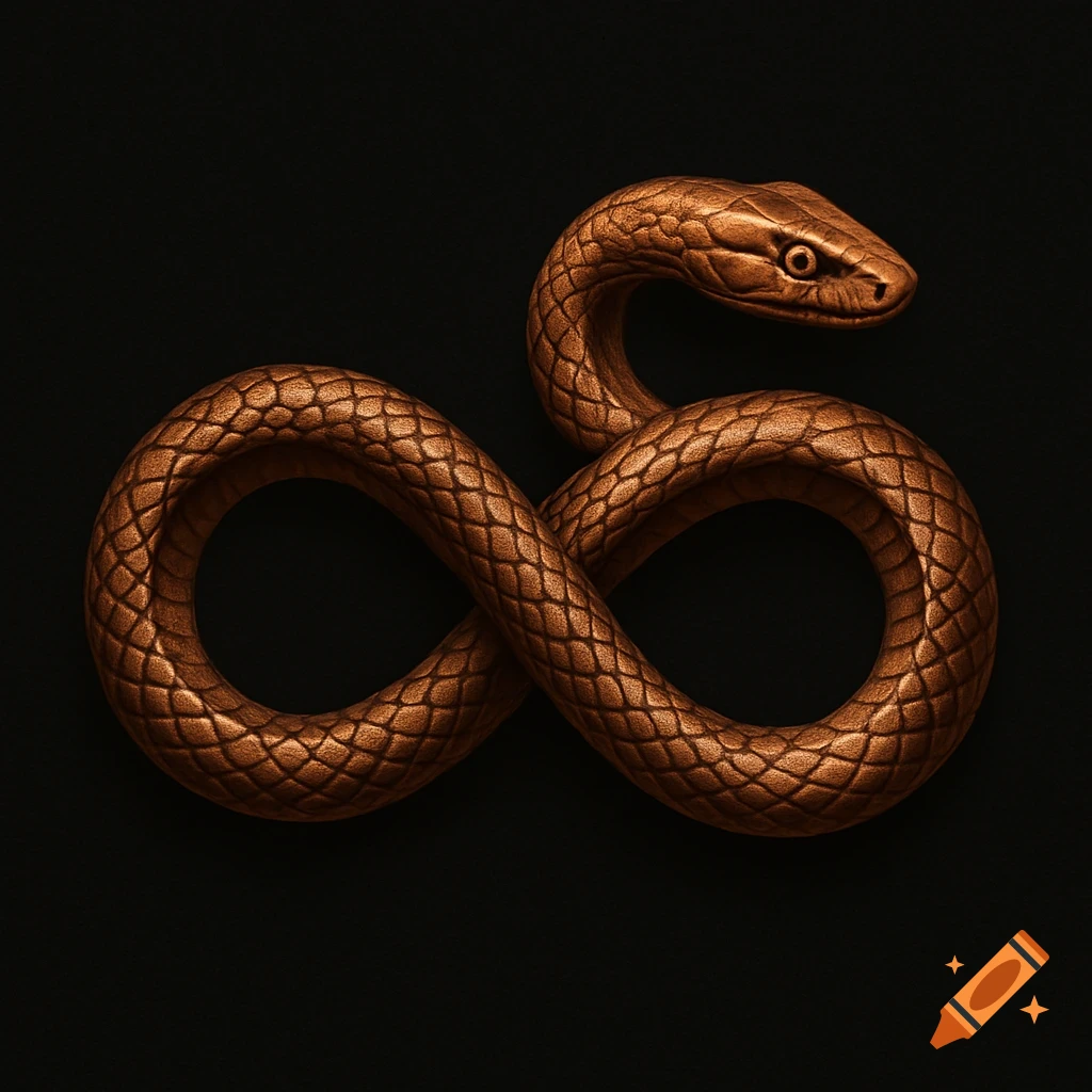 A metallic copper snake forms an infinity symbol against a dark background, showcasing detailed scales.