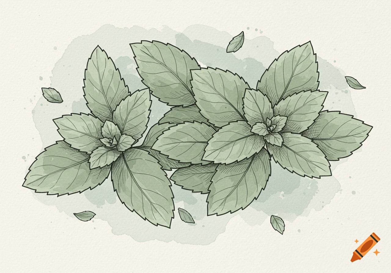 Hand-drawn illustration of two clusters of peppermint leaves with watercolor washes on a light background.