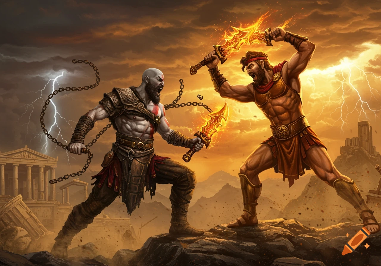 Kratos and Hercules battle with flaming swords and chains amidst ancient ruins under a stormy, lightning-filled sky.