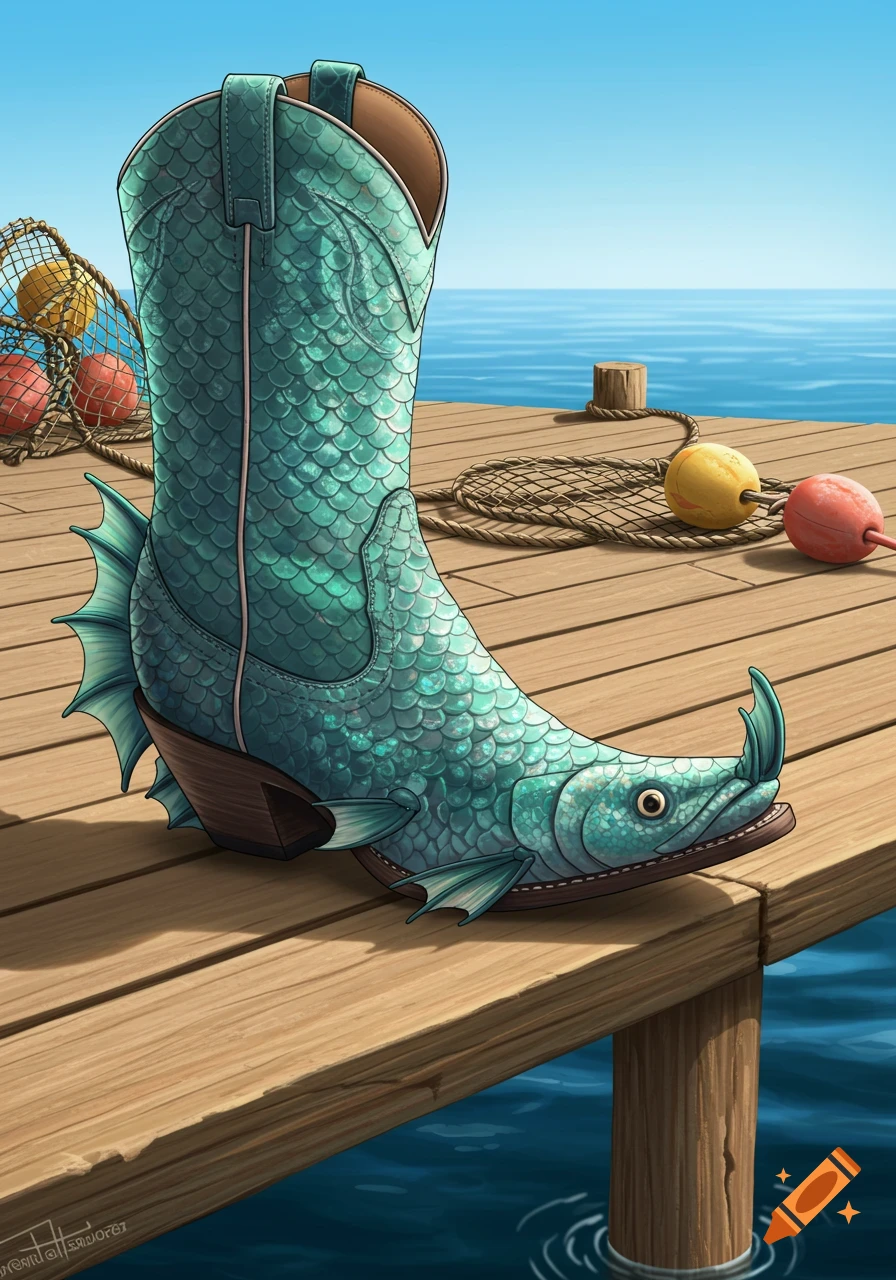 An illustrated fish-shaped cowboy boot with green scales, fins, and a fish head toe, sitting on a wooden pier overlooking the ocean.