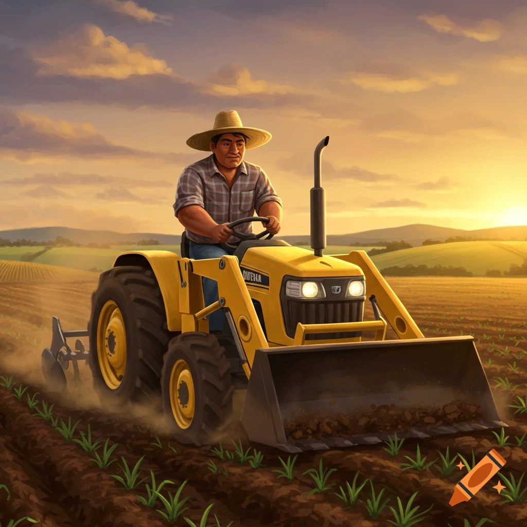 A man in a straw hat drives a yellow front-loading tractor through a field at sunset, cultivating rows of young plants. Illustrated style.