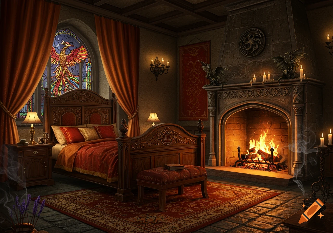A richly decorated medieval fantasy bedroom with a wooden bed, stone fireplace with a fire, and a phoenix stained glass window.