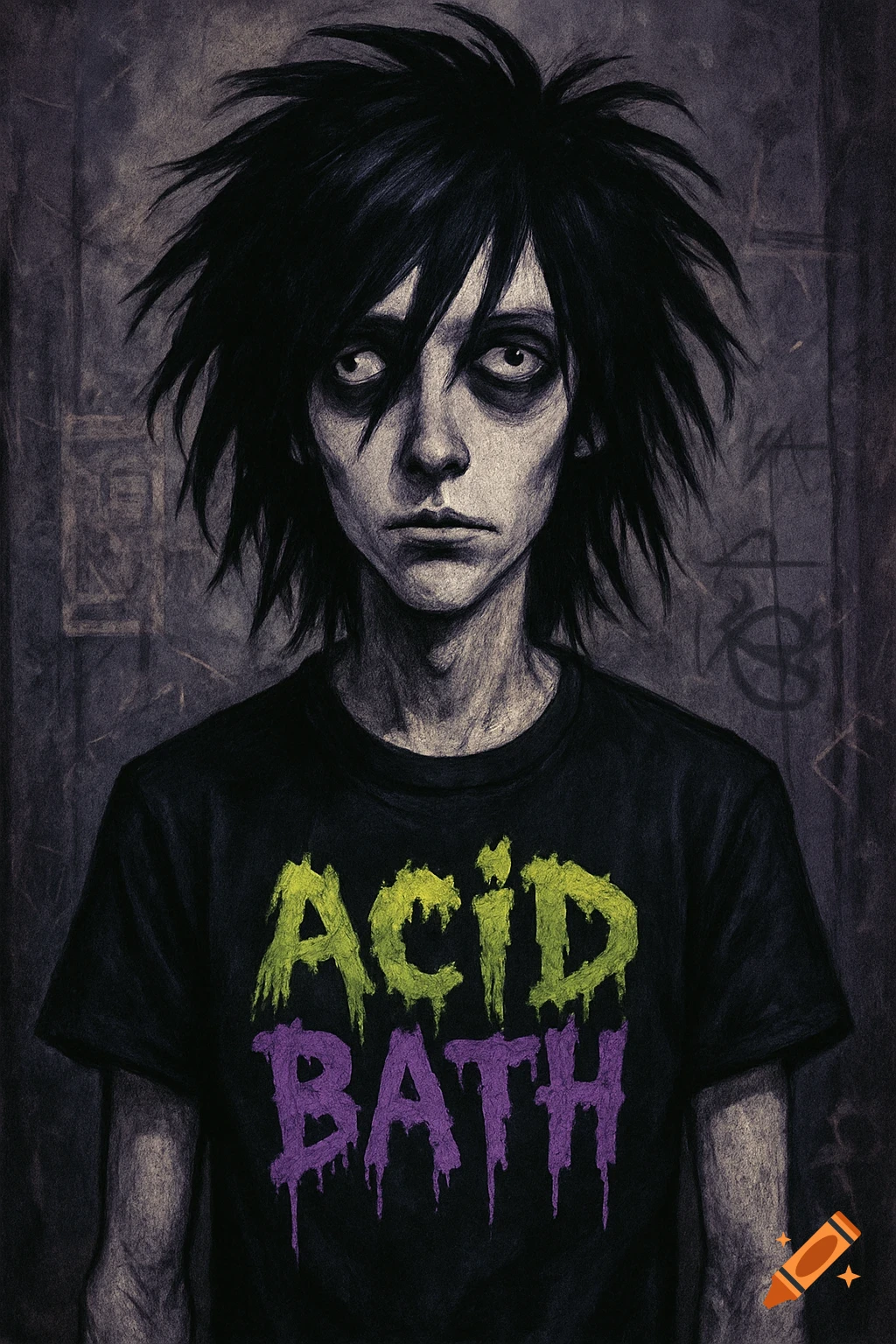 Illustration of a pale emo person with messy black hair and dark eyes looking in different directions, wearing a black t-shirt with "ACID BATH" in green and purple dripping letters.