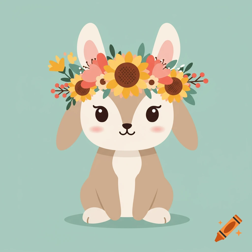 Cute cartoon bunny wearing a large crown of sunflowers and other flowers on a teal background.