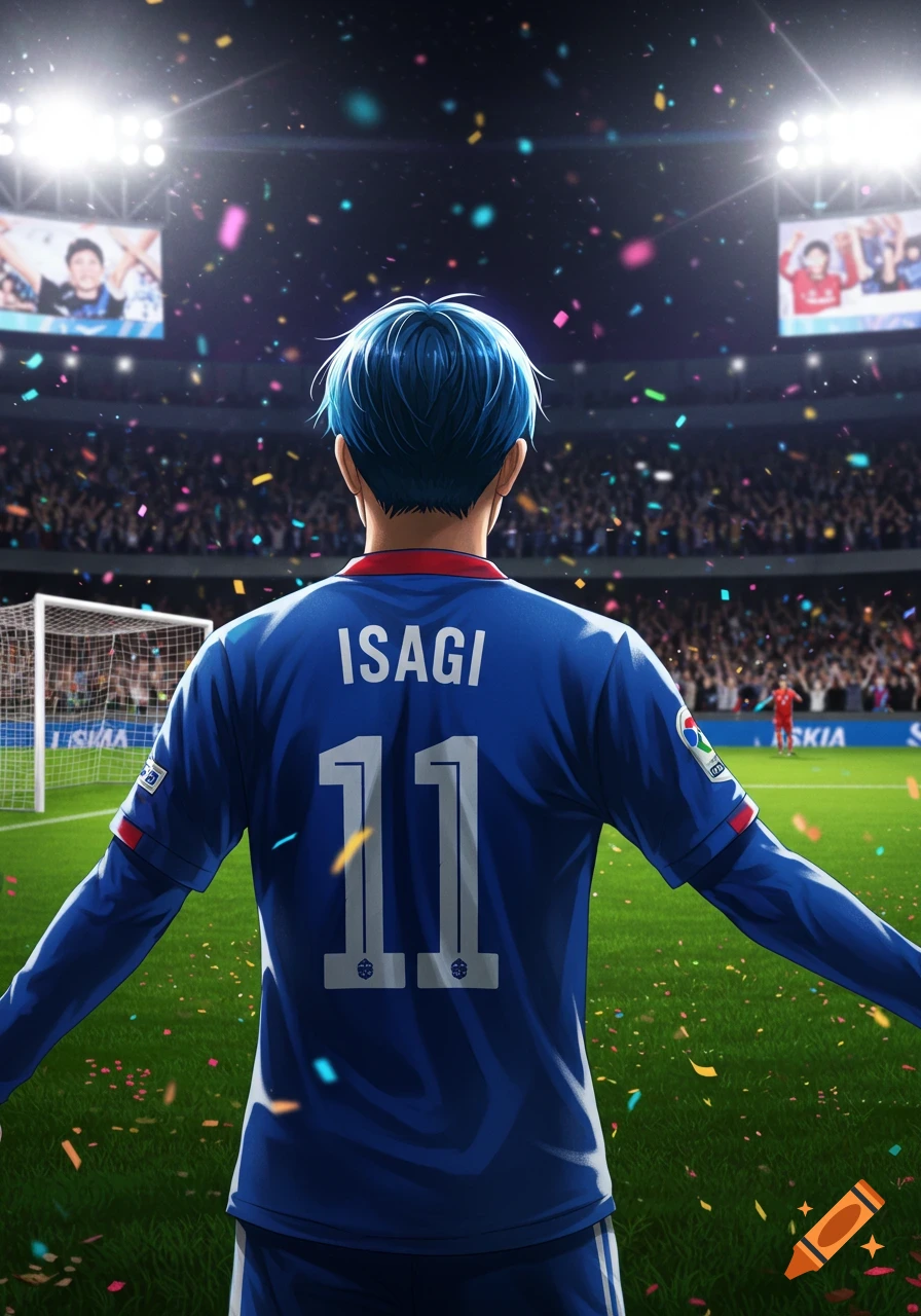 A person with blue hair wearing a blue soccer jersey with "ISAGI" and "11" on the back stands in a confetti-filled stadium.