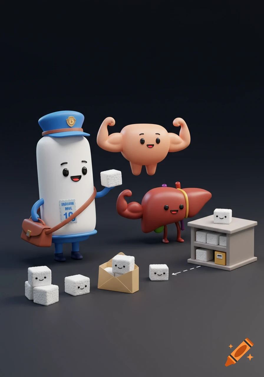 A cute 3D cartoon insulin syringe mailman delivers sugar cubes to a flexing muscle character and a smiling liver character.
