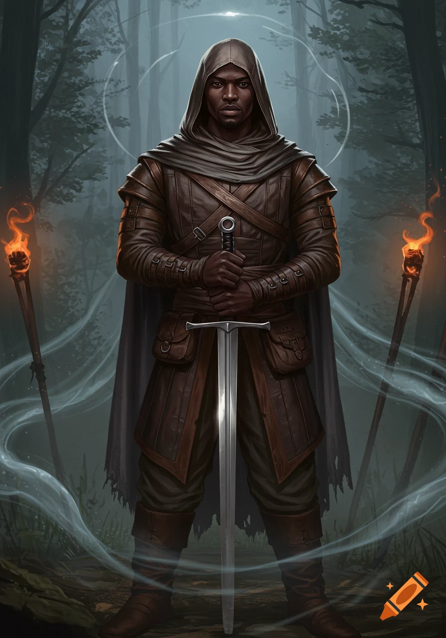 A Black male swordsman in a hooded cloak holds a sword in a dark, misty forest.