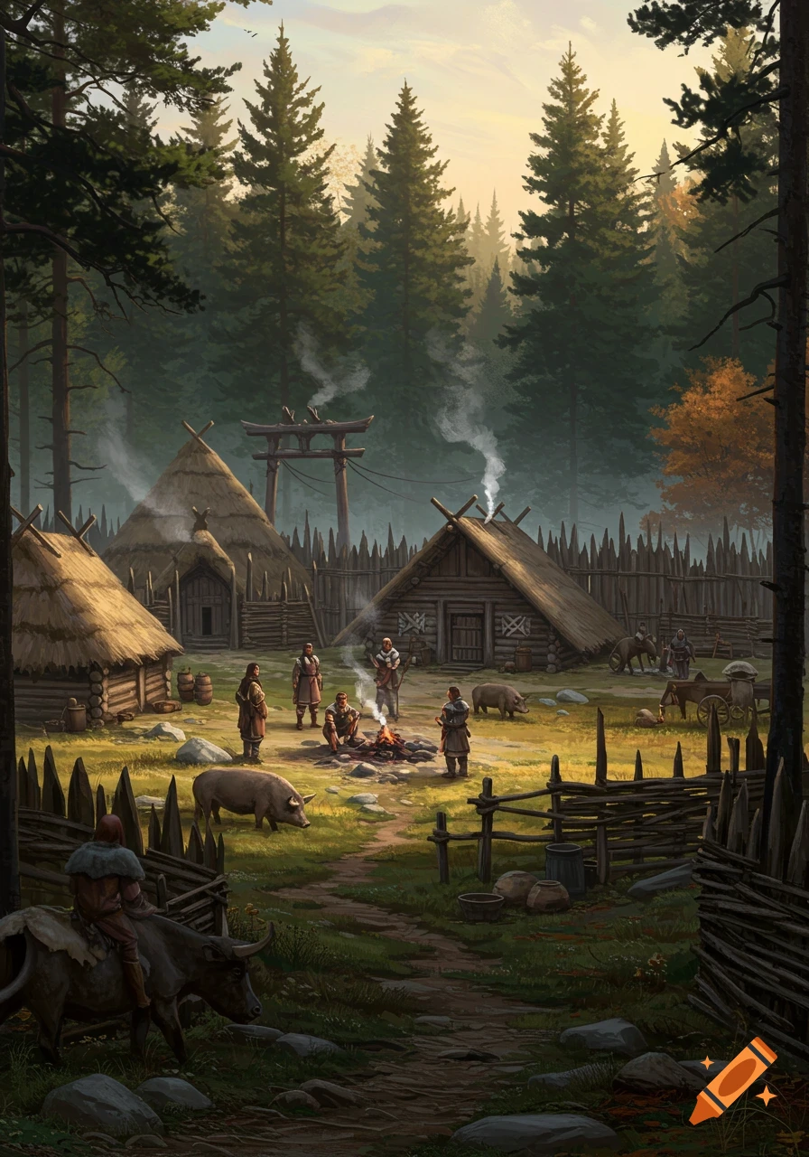 Concept art of a fortified medieval village in a forest clearing at dawn, with thatched longhouses, people, pigs, and tall pines.