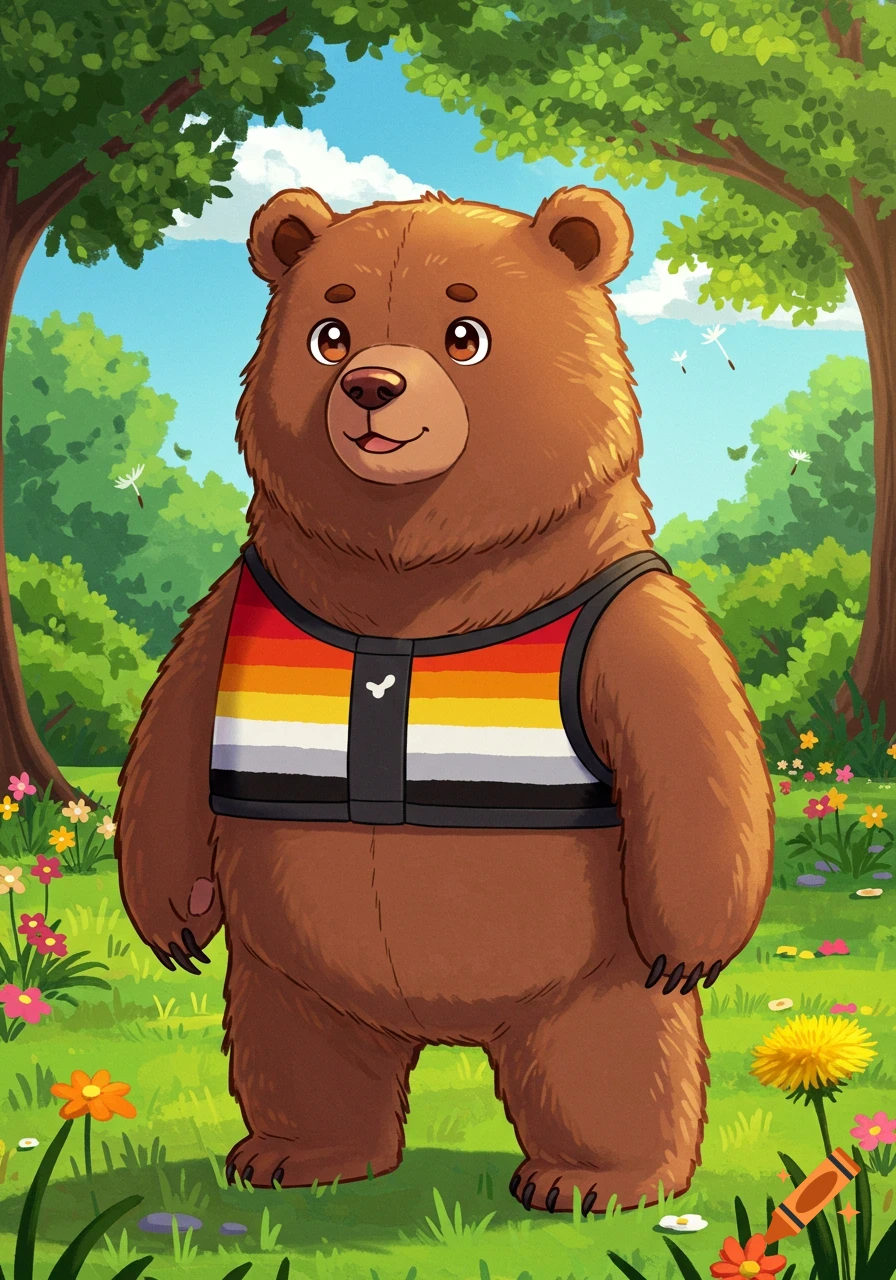 A modern cartoon bear wearing a colorful gay bear pride flag vest stands in a sunny park with trees and flowers.