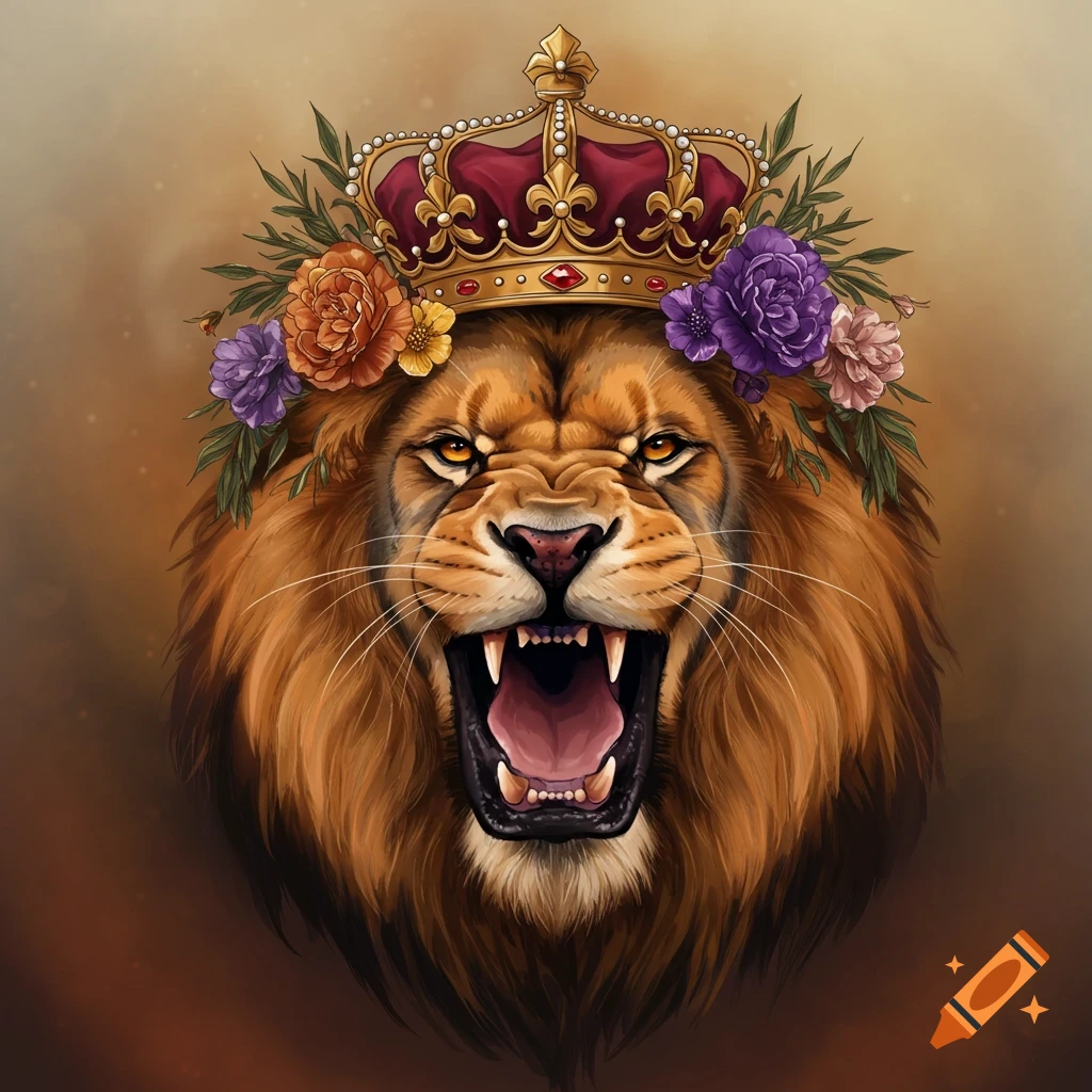A fierce lion roaring, wearing a golden and red crown adorned with purple and orange flowers. The style is illustrative.