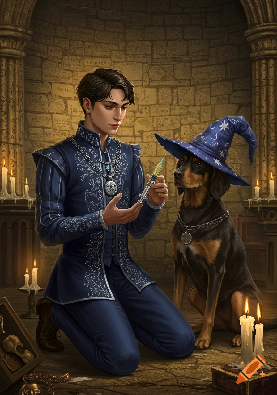 A young noble in a blue tunic kneels beside a dog wearing a wizard hat, holding a syringe.
