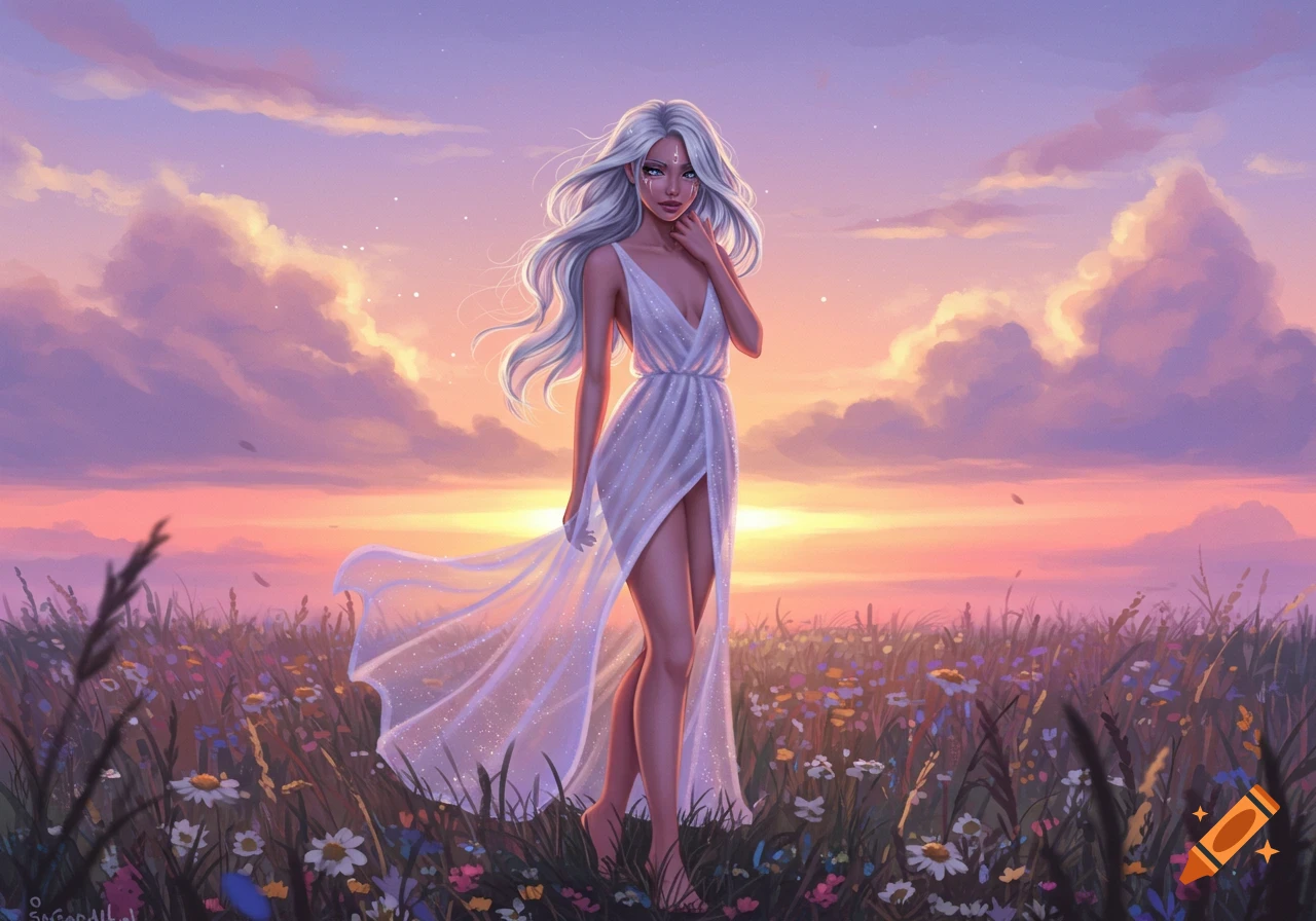 A woman with long white hair in a flowing white dress stands barefoot in a field of colorful wildflowers under a vibrant purple and orange sunset sky.