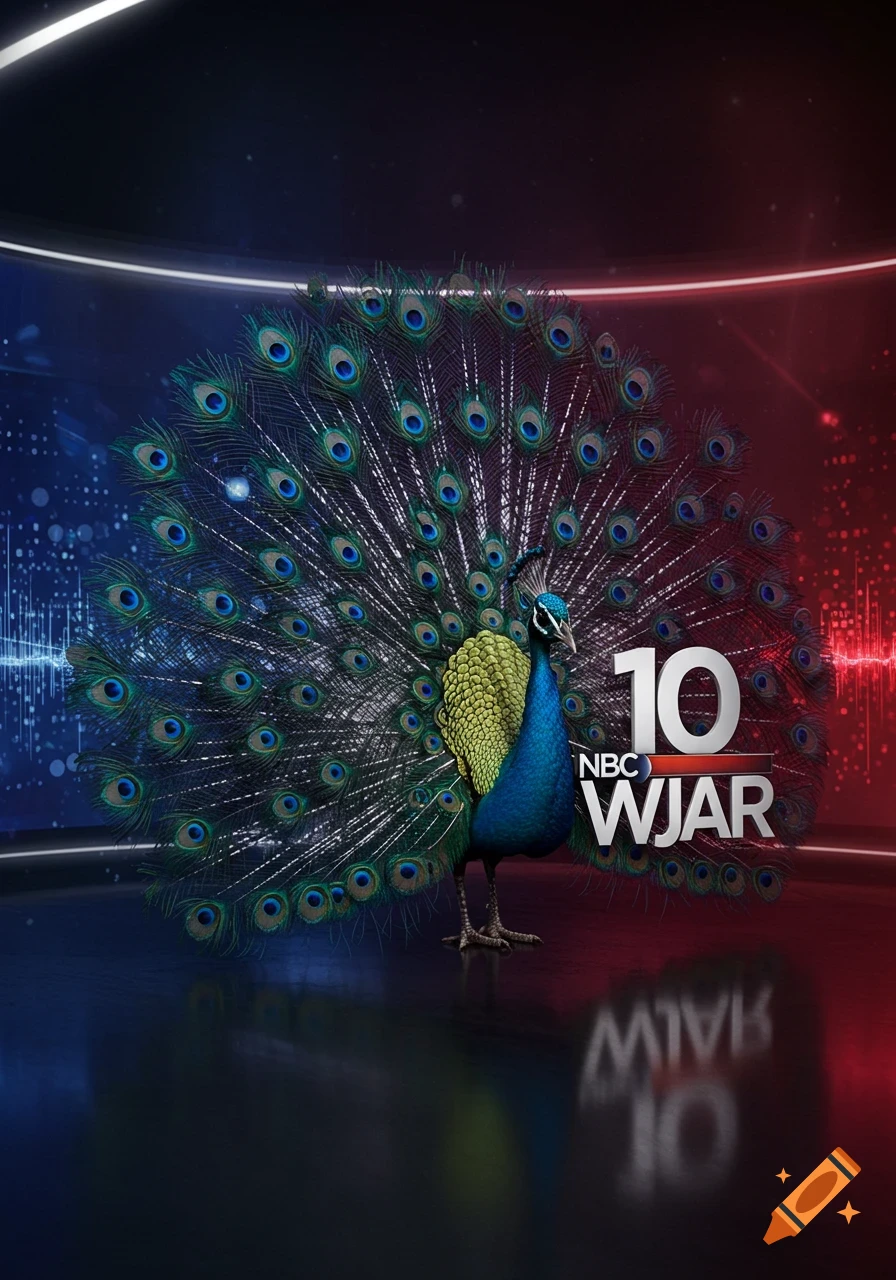 A peacock stands before a neon red and blue background with a '10 NBC WJAR' logo.