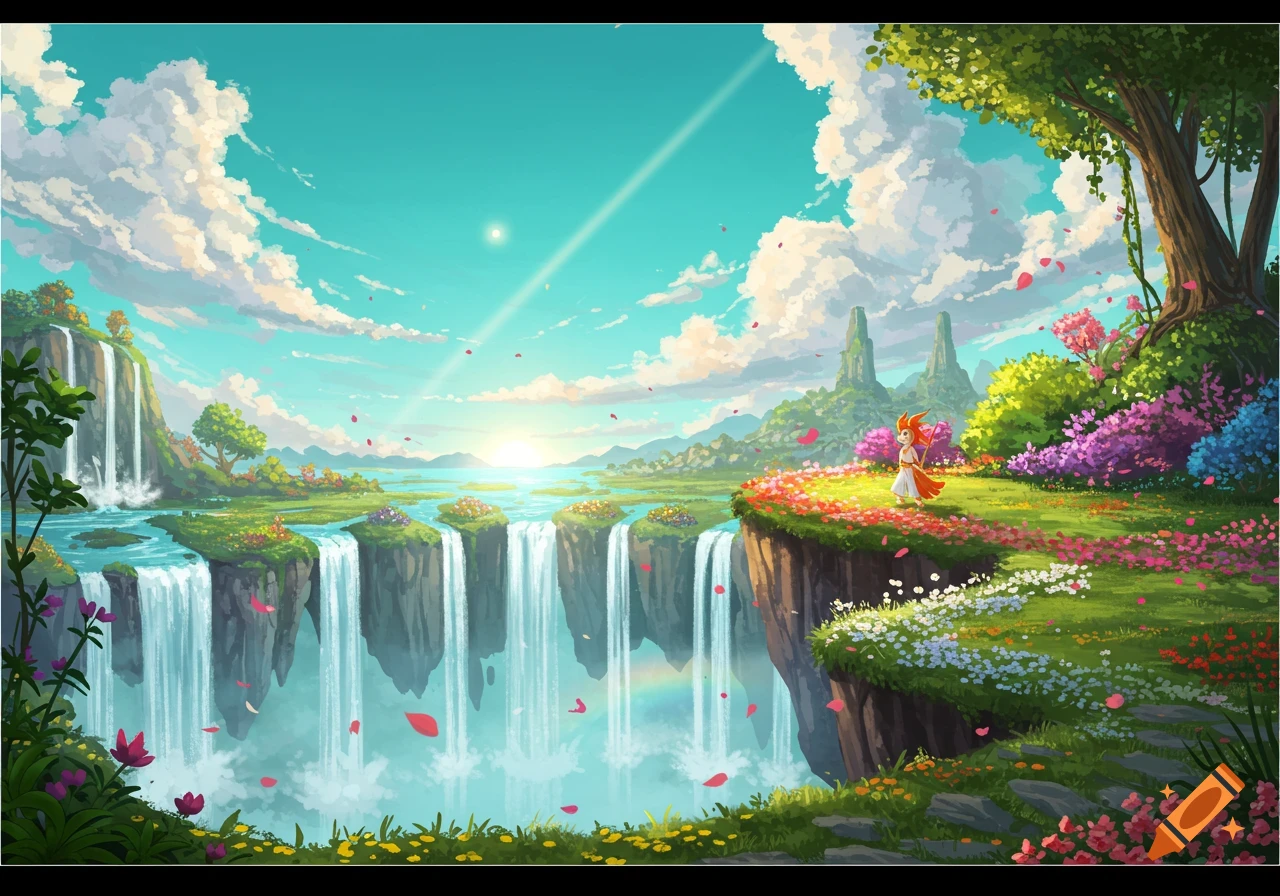 A vibrant anime fantasy landscape with multiple waterfalls falling from floating islands, colorful flowers, and a small figure overlooking the scene at sunset.