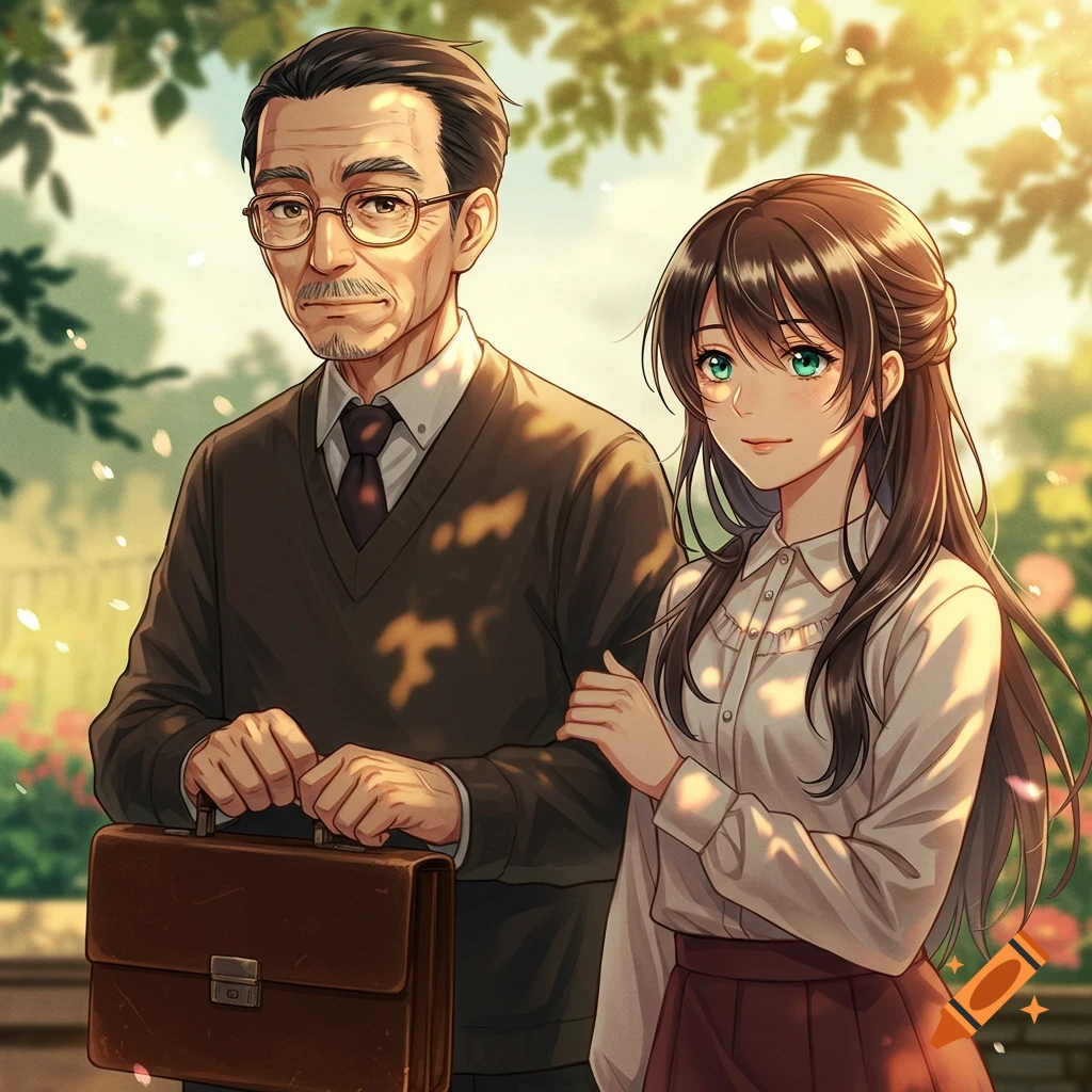 An anime-style image of an older man with glasses holding a briefcase, standing next to a young woman with long dark hair and green eyes, both in an outdoor setting with sunlight.