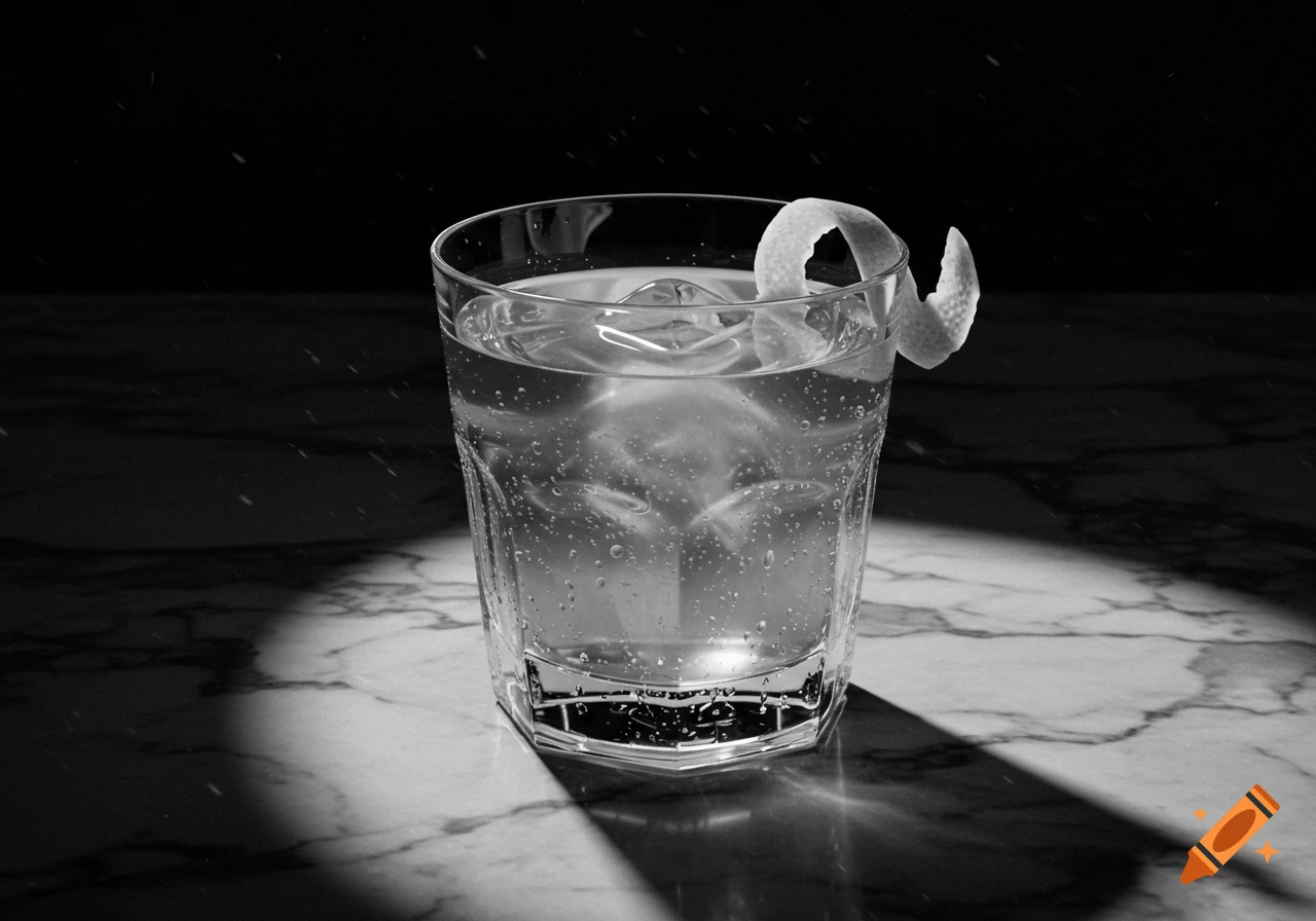 A black and white close-up of a cocktail with a lemon twist and ice on a marble surface, lit by a spotlight.