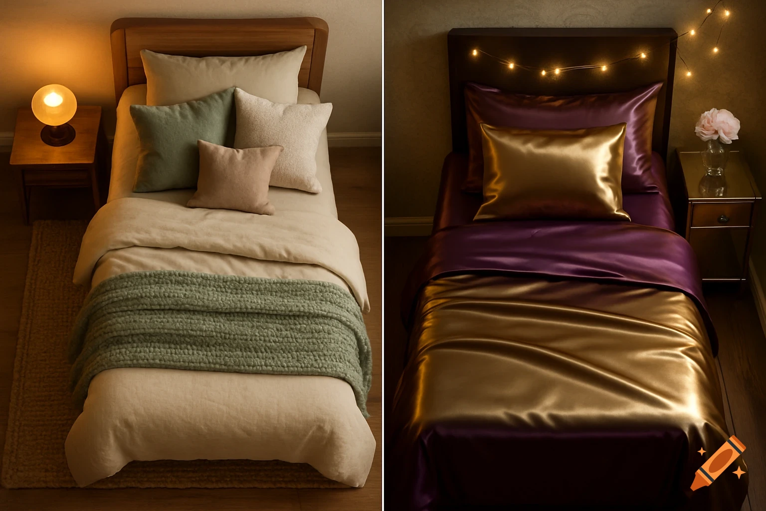 Two photorealistic twin bed setups. One features neutral tones and a green throw; the other has glamorous purple and gold satin with fairy lights.