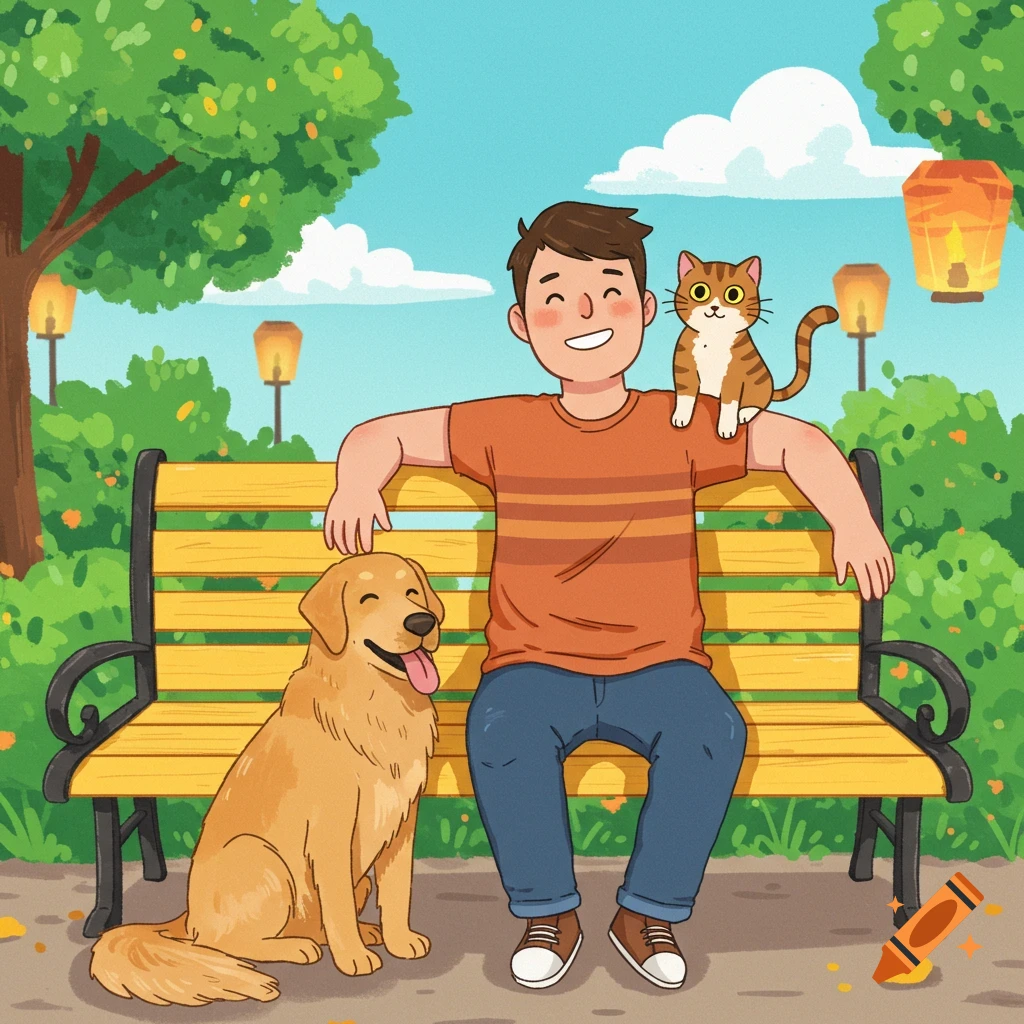 A smiling man sits on a park bench with a golden retriever dog next to him and a tabby cat on his shoulder, in a cheerful cartoon style.