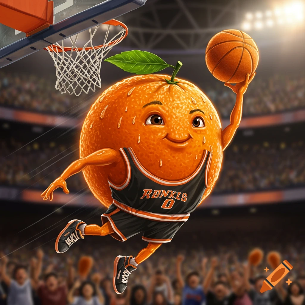 A smiling, anthropomorphic orange basketball player in a black jersey jumps to dunk a basketball on a vibrant court.