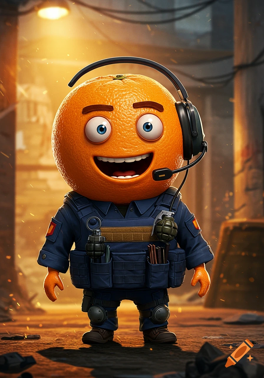 3D rendered cartoon orange character in a blue tactical vest with grenades and headset, in an urban environment.