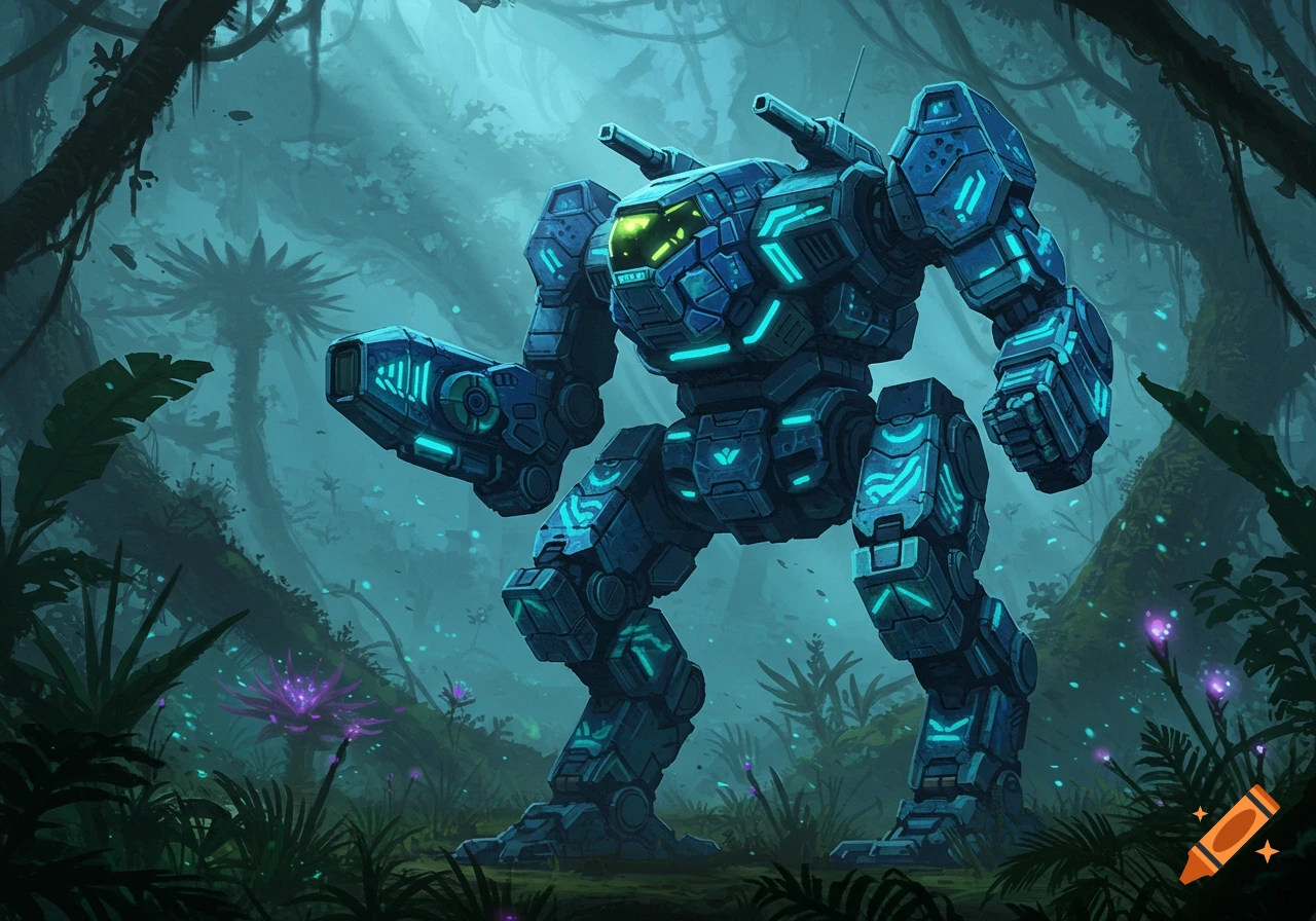 A blue sci-fi mech with glowing teal accents stands in a vibrant, misty jungle with bioluminescent plants.