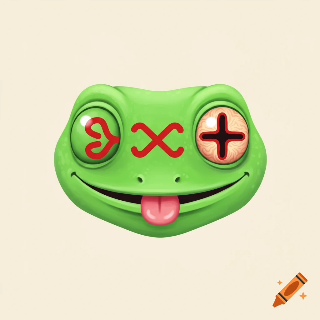 A cartoon frog head with bright green skin, red symbols in its eyes, and a pink tongue sticking out playfully on a simple background.