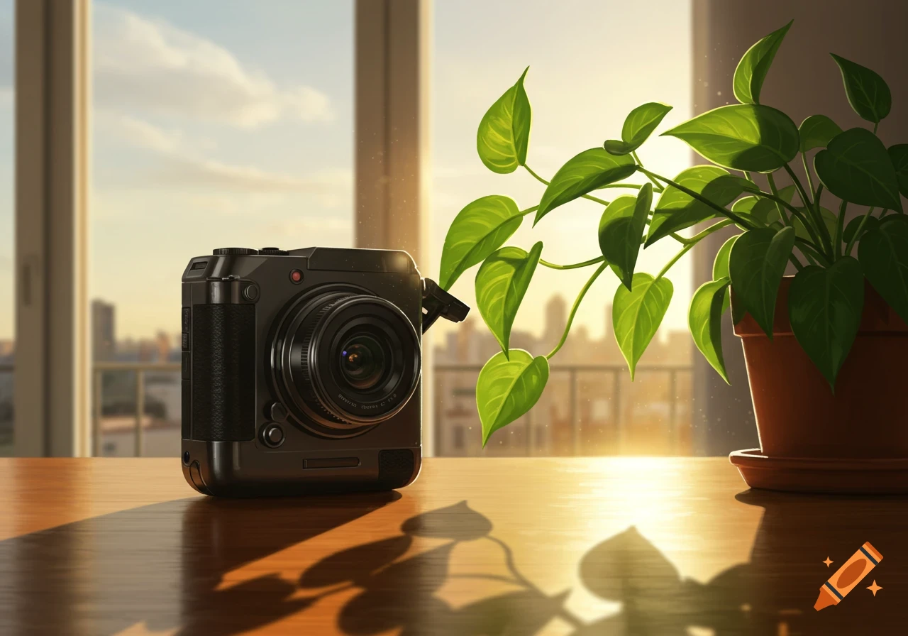 A black camera and a potted green plant sit on a wooden table near a window, illuminated by golden sunlight.