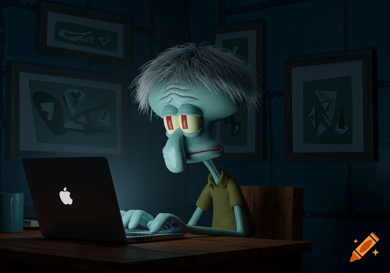 Squidward with grey hair looks sad while typing on a glowing MacBook in a dimly lit room.