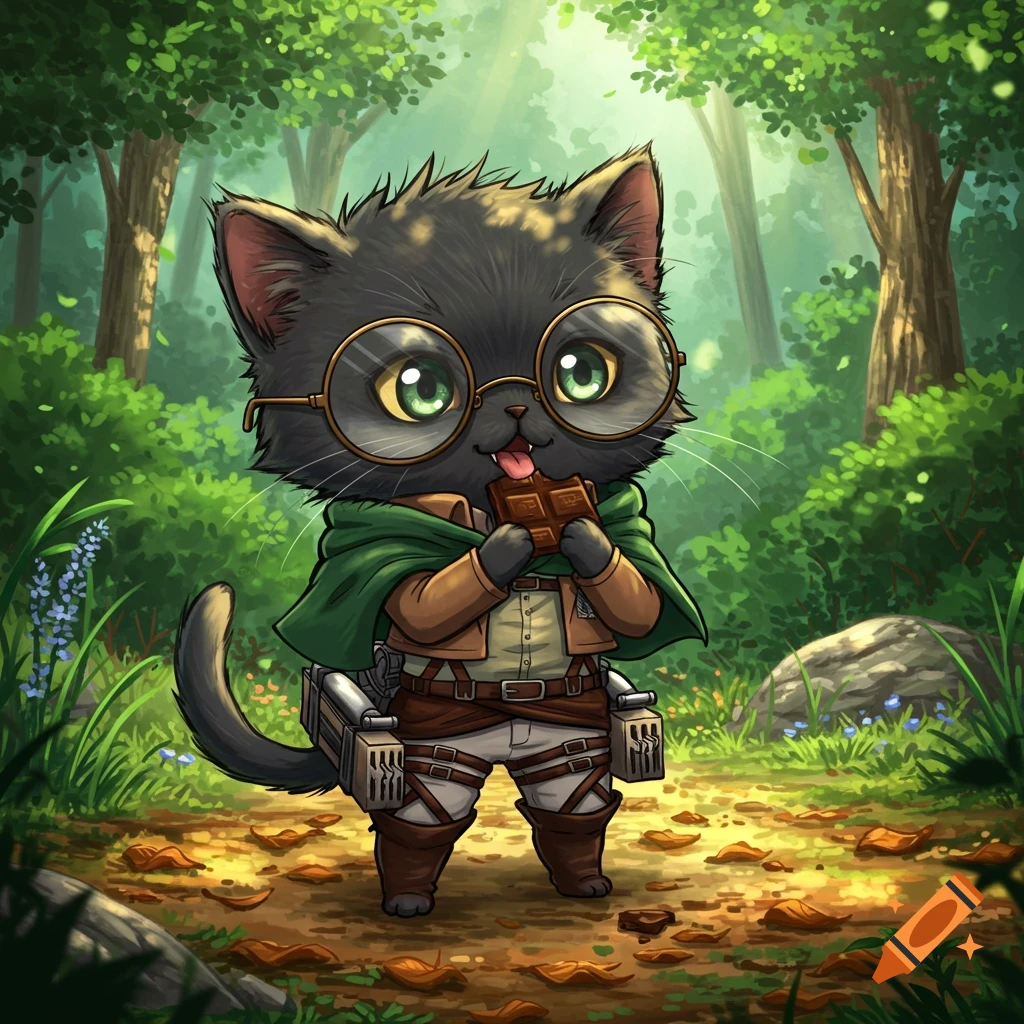 A cute anime-style black kitten with round glasses and a Survey Corps uniform eats chocolate in a forest.