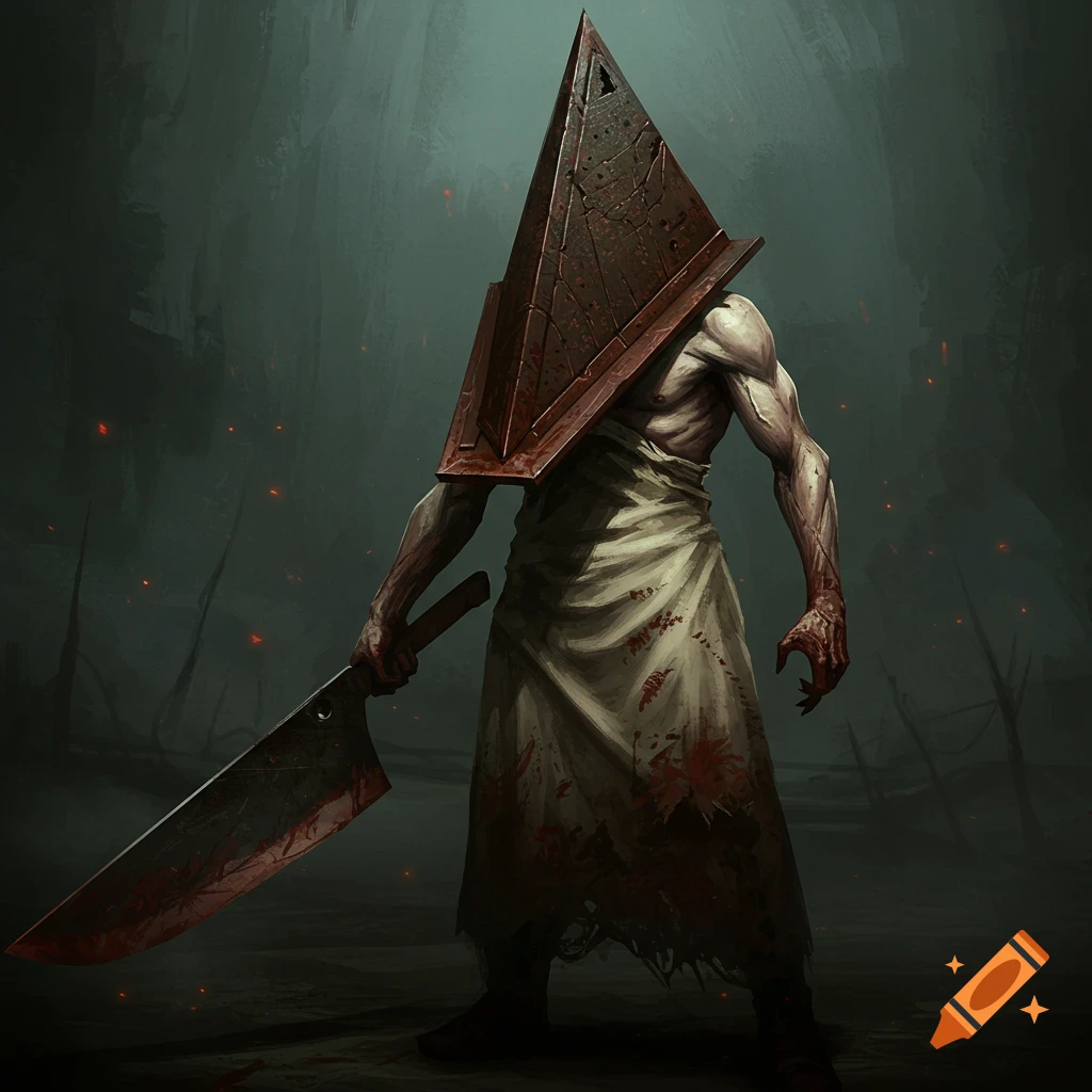 Pyramid Head, a muscular figure with a metal pyramid for a head and a blood-stained apron, holds a large cleaver in an oil painting style.