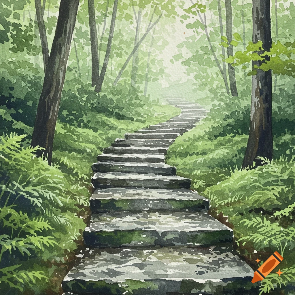 Watercolor painting of a stone staircase winding upwards through a lush, misty green forest.