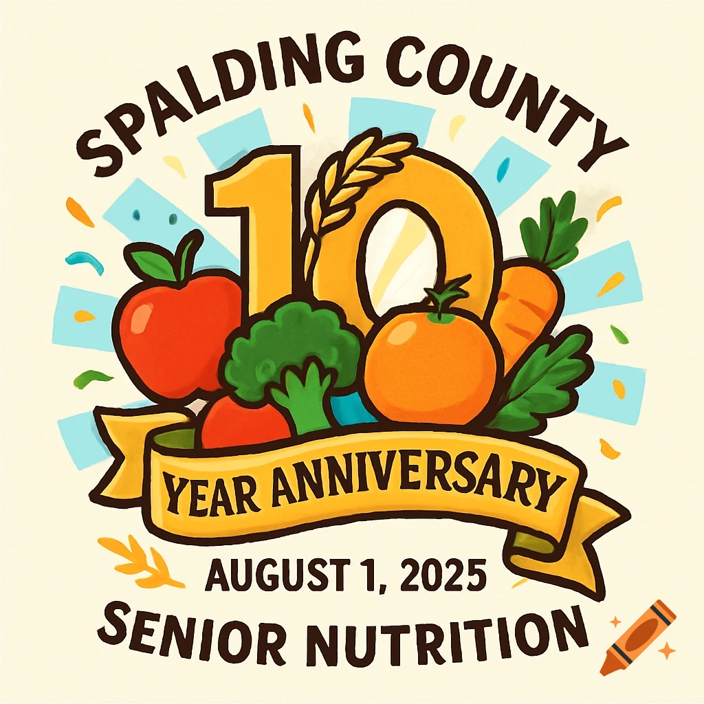 Illustration of 'Spalding County Senior Nutrition 10 Year Anniversary August 1, 2025' logo with fruits and vegetables.