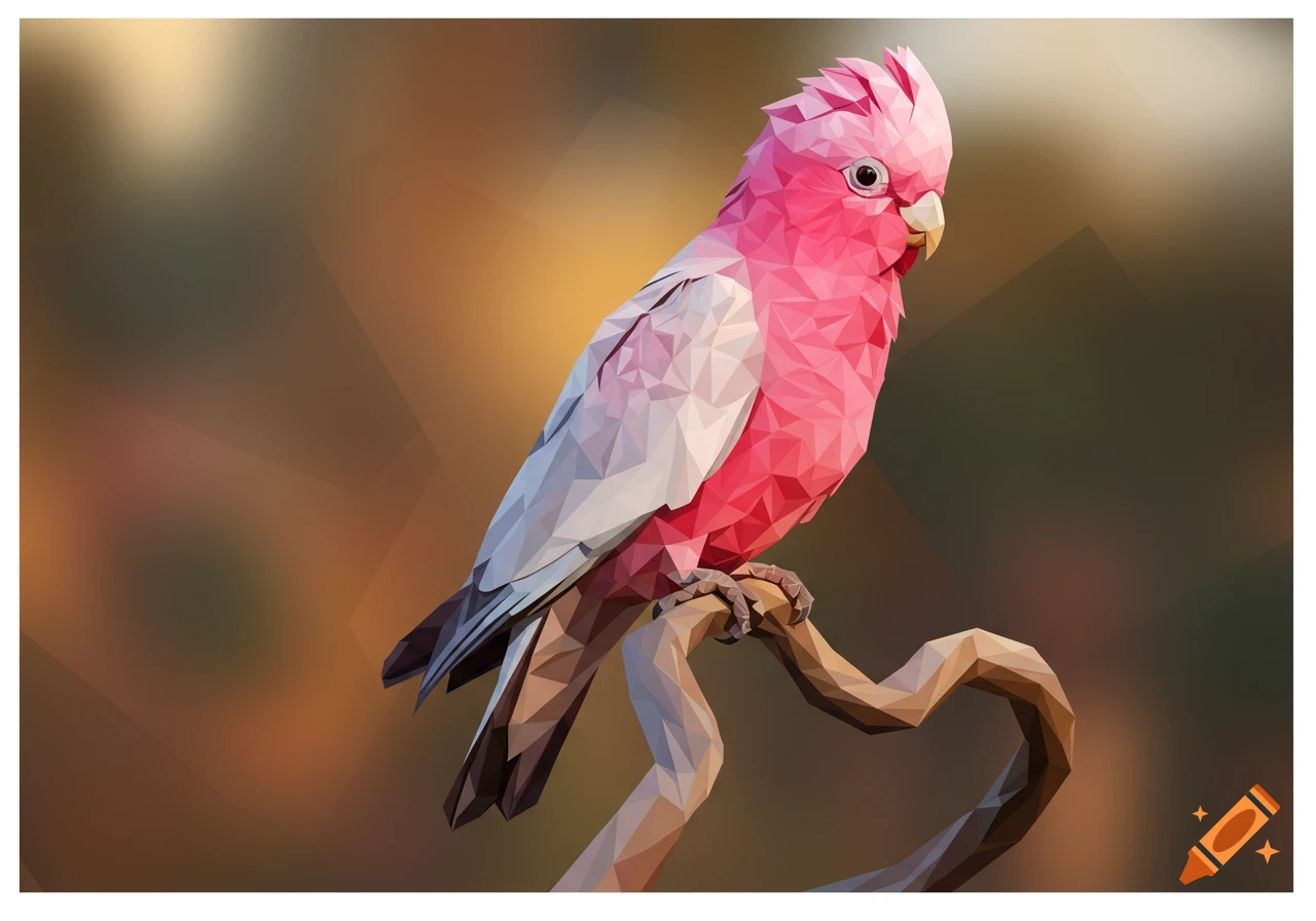 A pink galah bird in low-polygon art style perches on a brown polygonal branch against a blurred background.