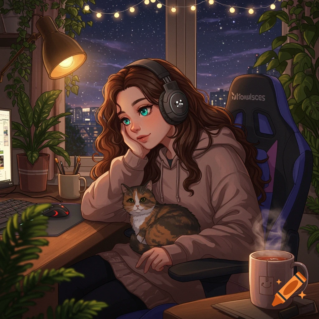 An anime-style girl with brown wavy hair and green eyes wears headphones, sitting at a desk with a cat in her lap, looking at a PC screen. Fairy lights twinkle over a starry cityscape outside a window. A mug of steaming tea is on the desk. The room is cozy with plants.