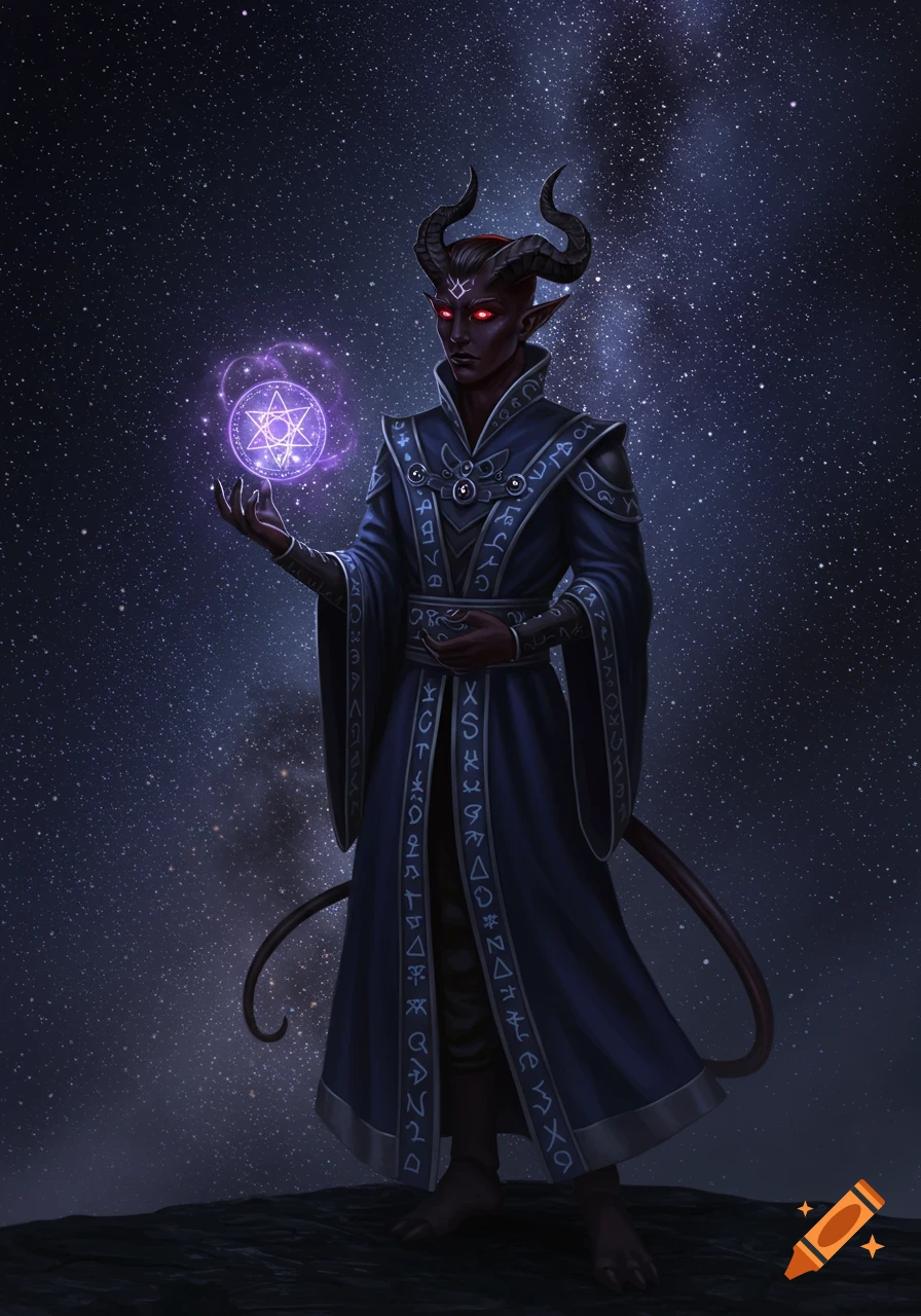 A Tiefling in a blue robe holds a glowing purple magic orb against a starry night sky. Digital fantasy illustration.