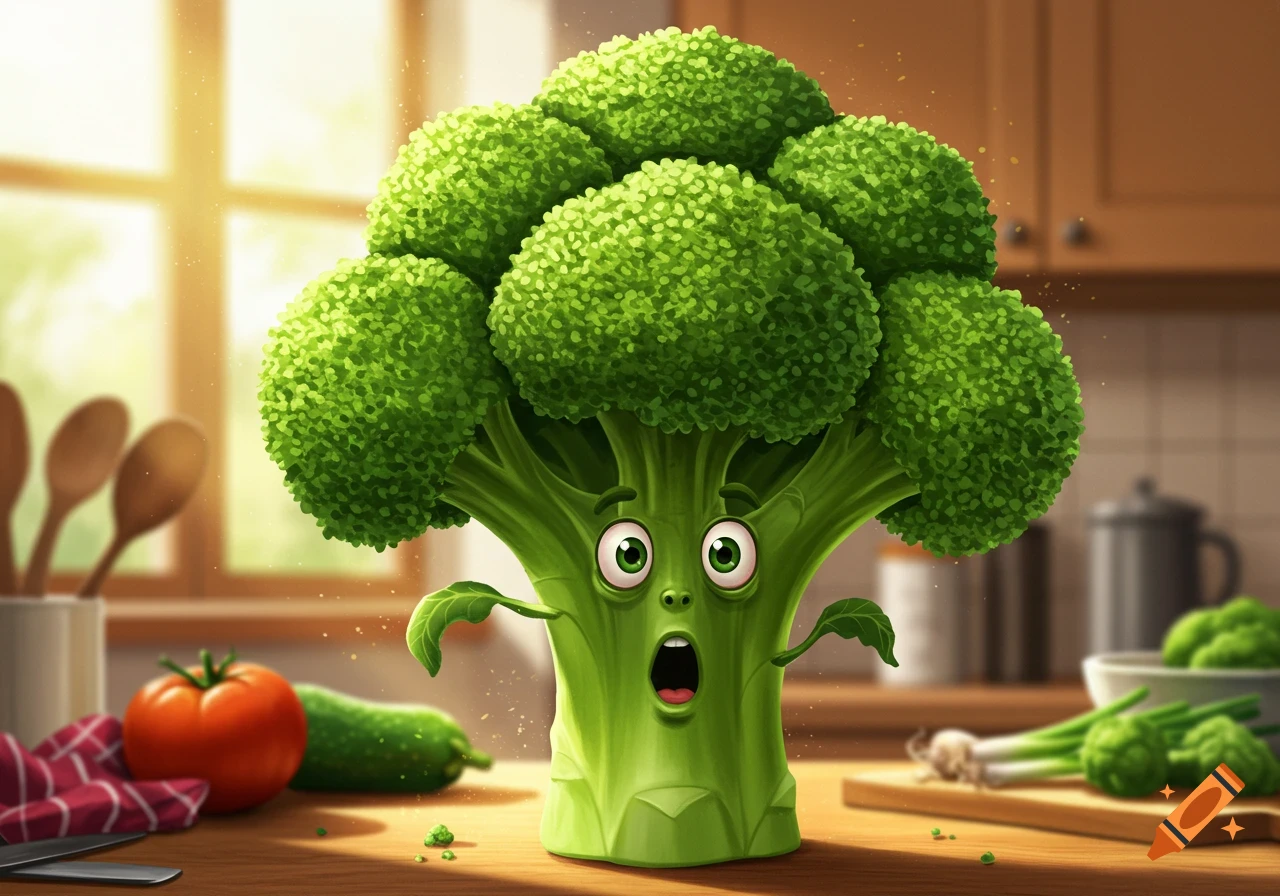 A cartoon broccoli character with wide eyes and an open mouth, appearing to gasp, stands on a kitchen counter next to a tomato and cucumber.