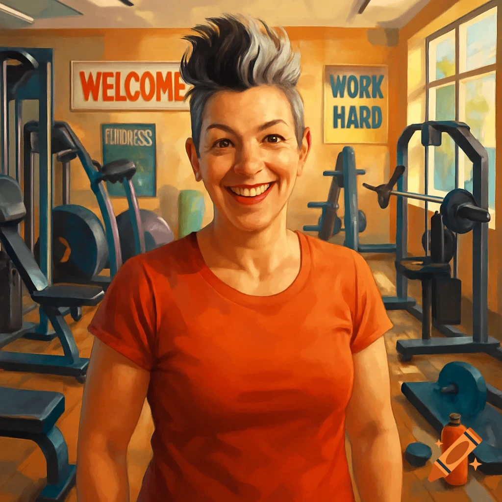 A smiling woman with spiky gray hair in an orange shirt stands in a gym with exercise equipment and signs in the background.