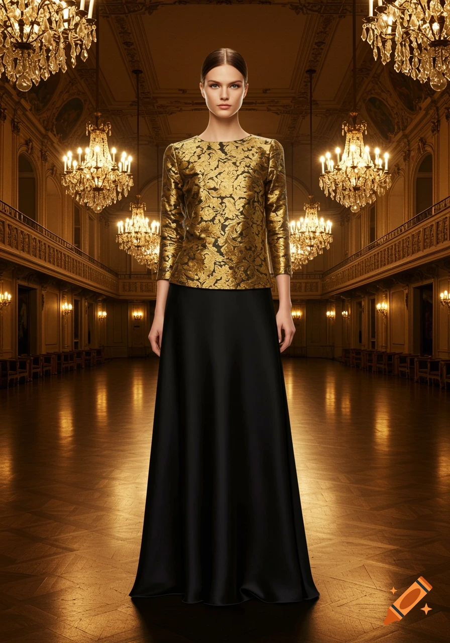 A woman in a gold brocade top and a long black skirt stands in a grand ballroom with chandeliers.