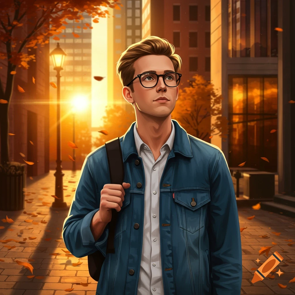 Stylized image of a young man with glasses and a backpack walking on an autumn city street.
