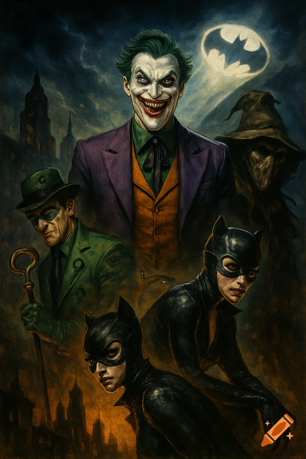 A movie poster art of Batman villains: Joker, Riddler, Catwoman, and Scarecrow, with the Bat-signal in the sky.