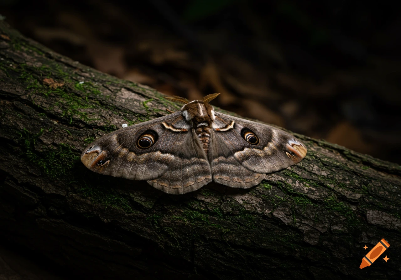 A close-up, photorealistic image of a large brown moth with detailed eye-like patterns on its wings resting on a mossy tree branch in a dark setting.