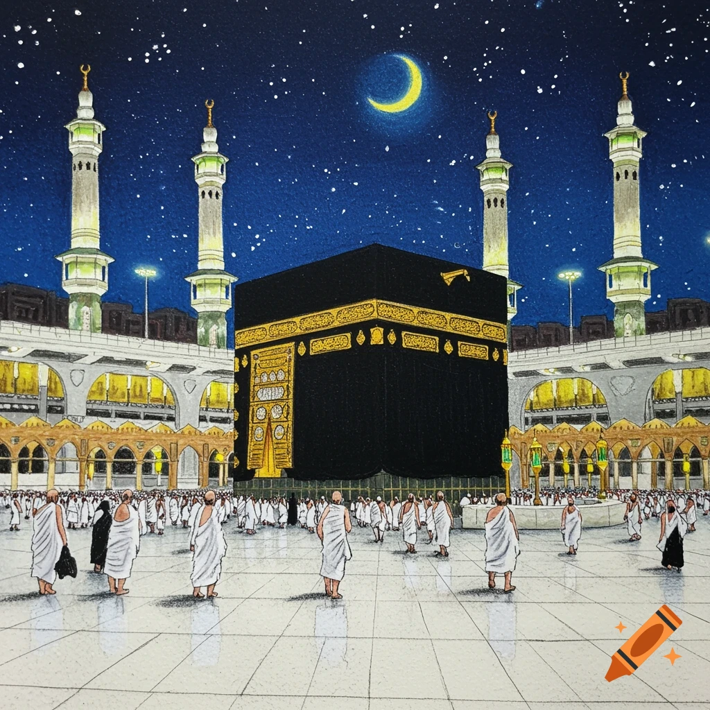 Crayon drawing of the Kaaba in Mecca at night with minarets and pilgrims on a white ground.