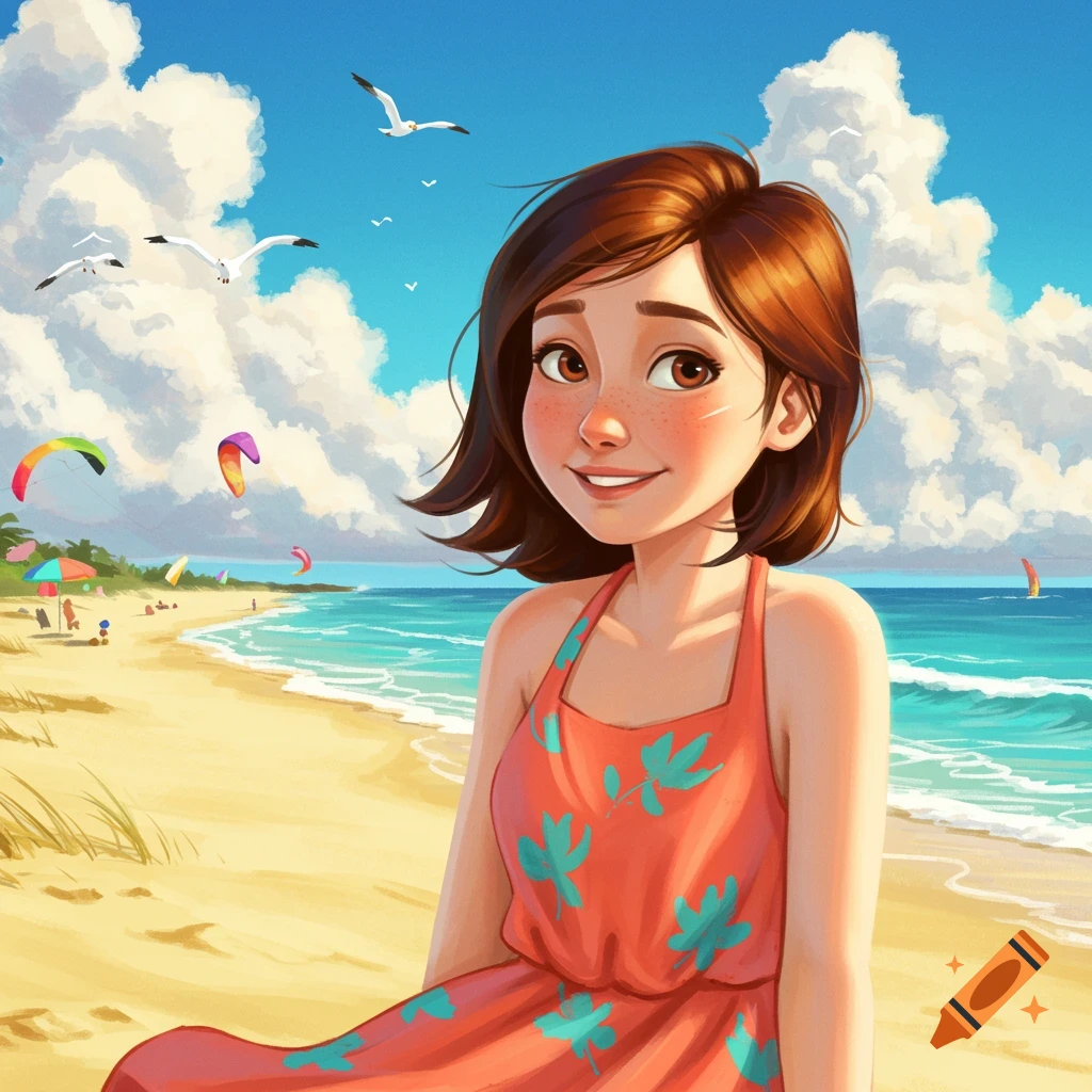 A cartoon girl with short brown hair and freckles smiles while sitting on a sunny beach with clear blue water, distant kitesurfers, and seagulls in the sky.