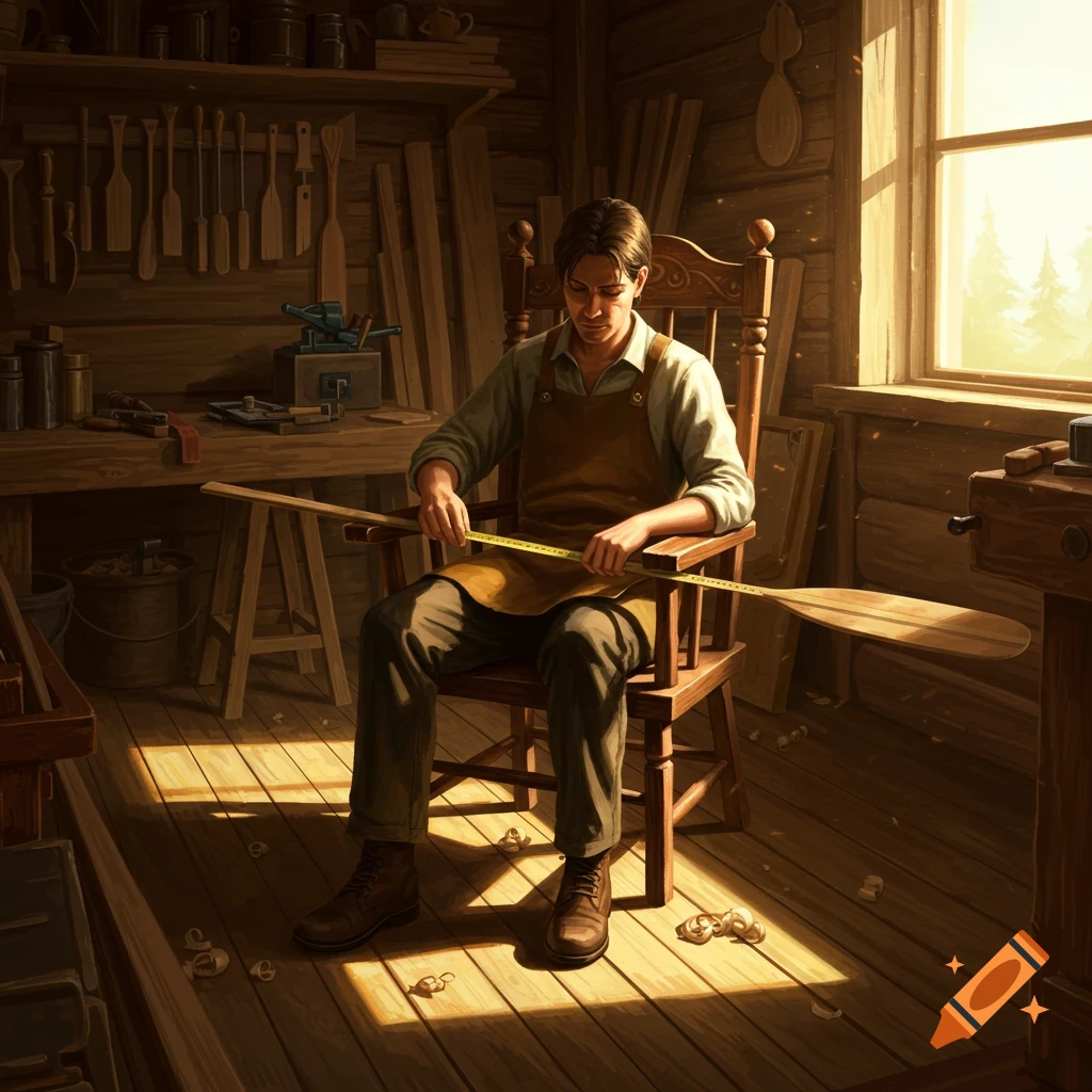 A man in an apron sits in a rustic woodworking shop, carefully measuring a long wooden paddle with a tape measure. The room is warmly lit by sunlight from a window.