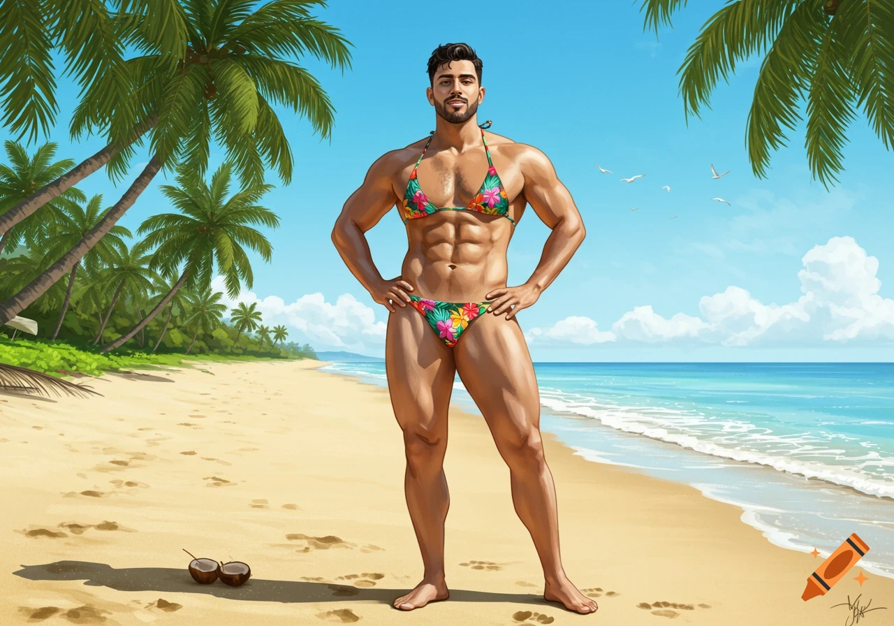 A muscular man in a colorful floral bikini stands on a sunny beach with palm trees and the ocean in the background, in a stylized illustration.