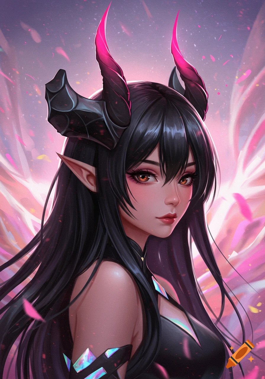 An anime girl with long black hair, brown eyes, pointed ears, and black and pink horns, against a vibrant pink background.